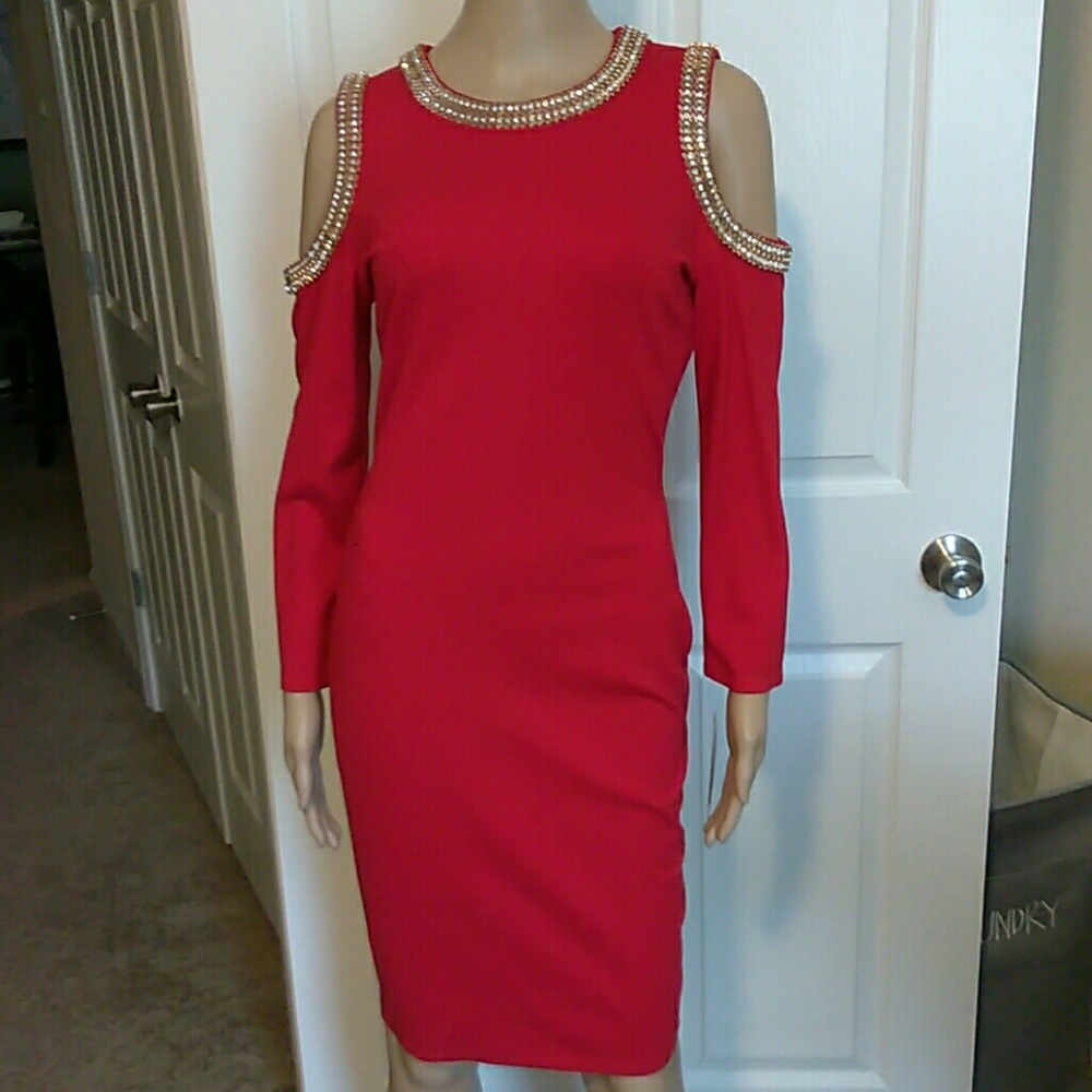 Elegant Red midi dress with gold & crystal detail